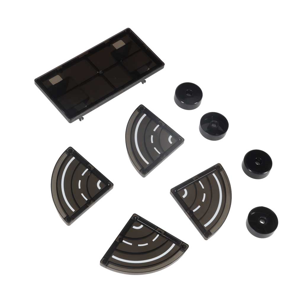 Czarne elementy zestawu klocków magnetycznych 3D: podstawa, zakrzywione segmenty i koła do budowy kreatywnych konstrukcji STEM.