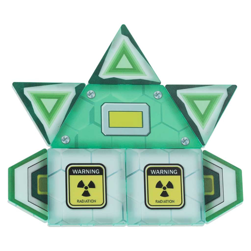 Klocki magnetyczne konstrukcyjne kosmos stacja kosmiczna: efektowny zielony moduł budowli z przezroczystymi elementami i oznaczeniami 'radiation', pobudzający kreatywność i logiczne myślenie w projektach 3D.