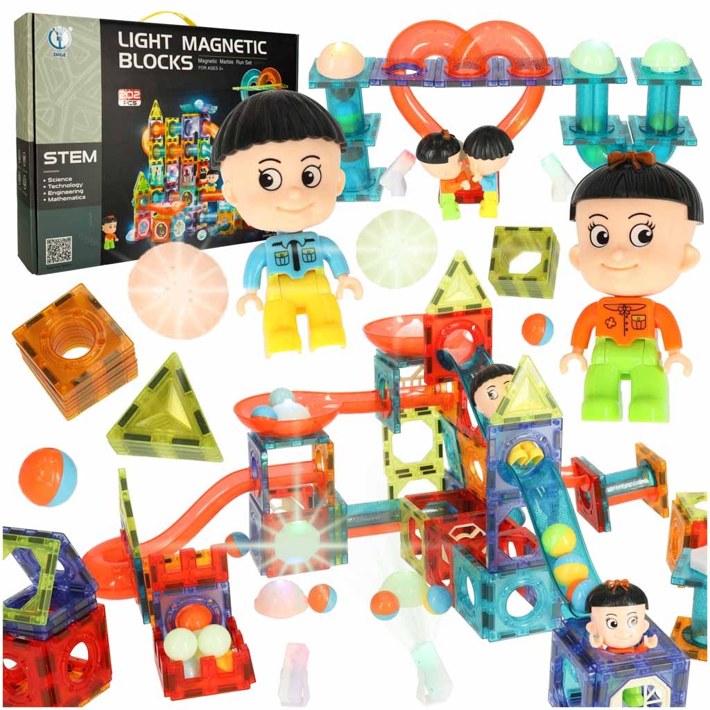 Klocki magnetyczne marble tor kulkowy świecący 202 elementy