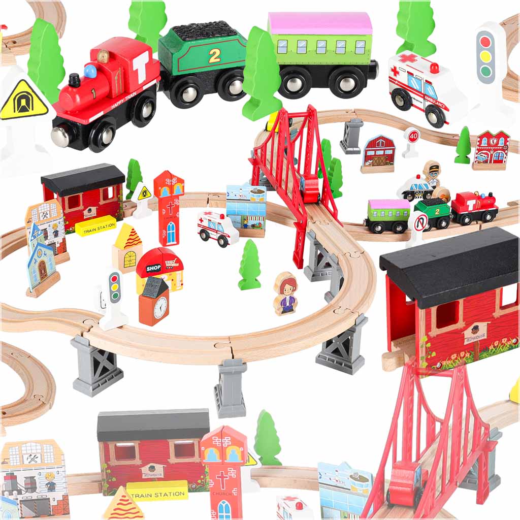 Kolejka drewniana pociąg tor samochodowy 70 elementów