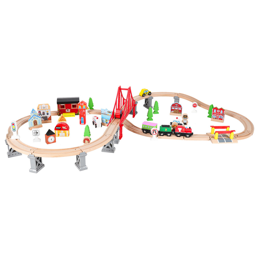 Kolejka drewniana pociąg tor samochodowy 70 elementów