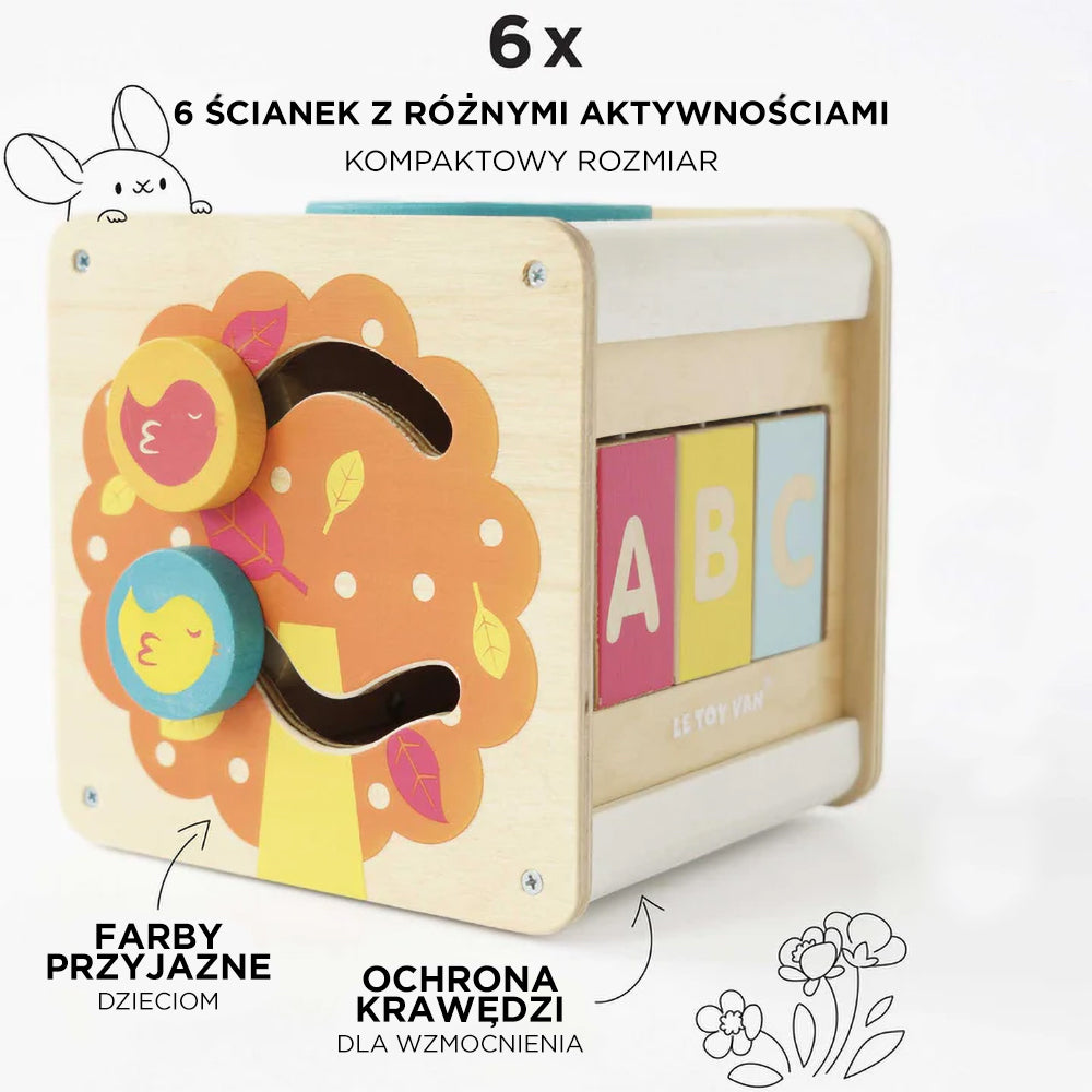 Drewniana kostka edukacyjna i zabawka sensoryczna dla dzieci z 6 aktywnościami, rozwijająca umysł i zmysły.