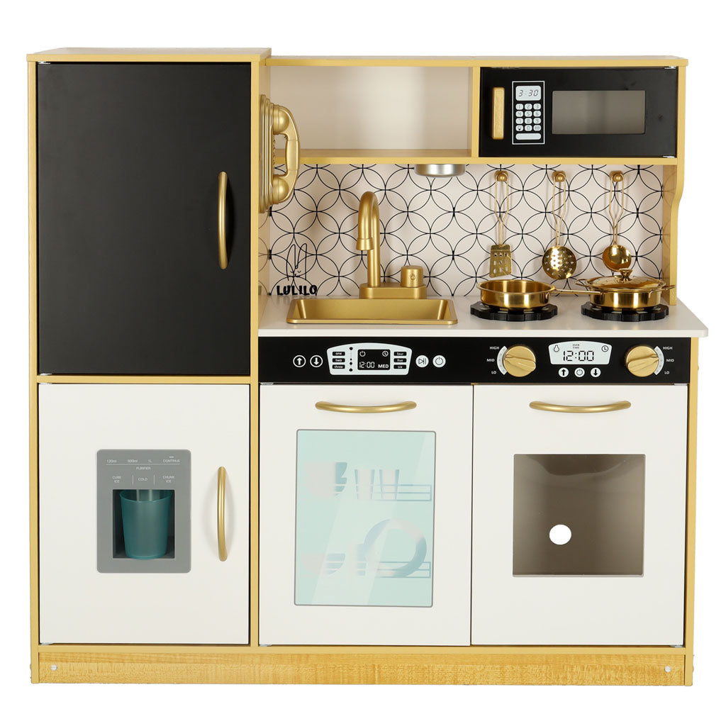 Kuchnia dla dzieci drewniana LULILO ORO z lodówką tablicą kredową złota