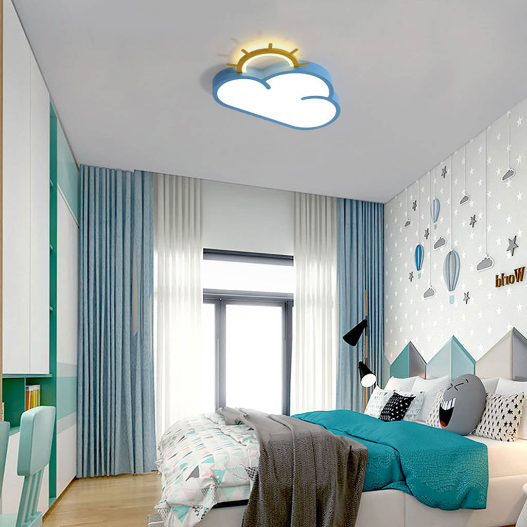 Lampa LED sufitowa plafon chmurka ściemniany pilot do pokoju dziecięcego, niebieska z żółtym słońcem, idealna do stworzenia bajkowej atmosfery.