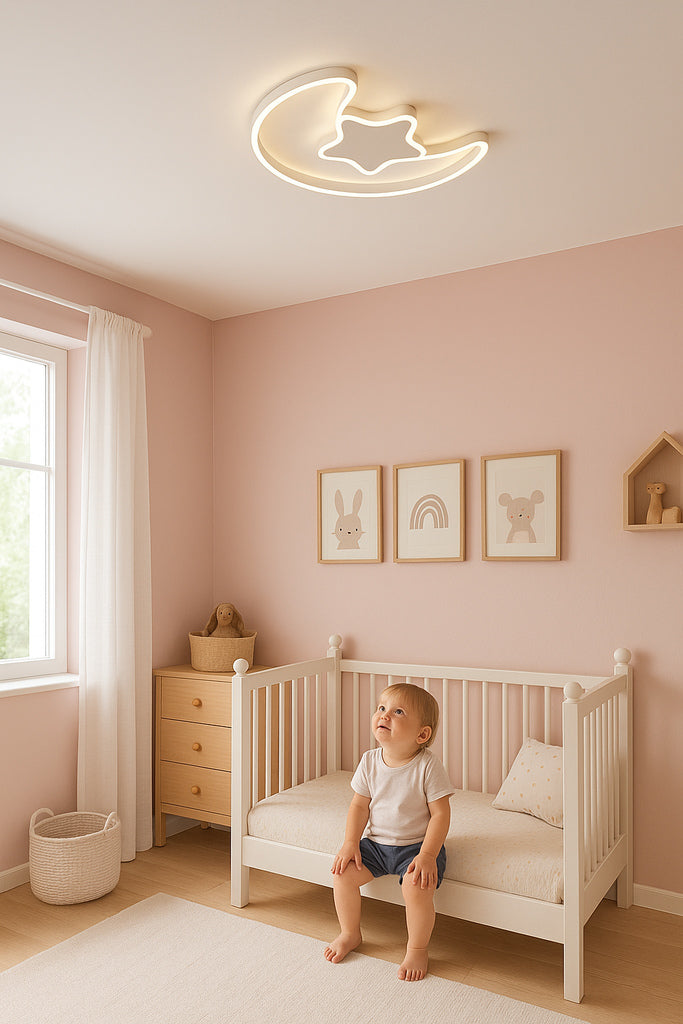 Lampa LED sufitowa dziecięca księżyc i gwiazda ściemniana z pilotem, tworząca magiczny blask w pokoju malucha.