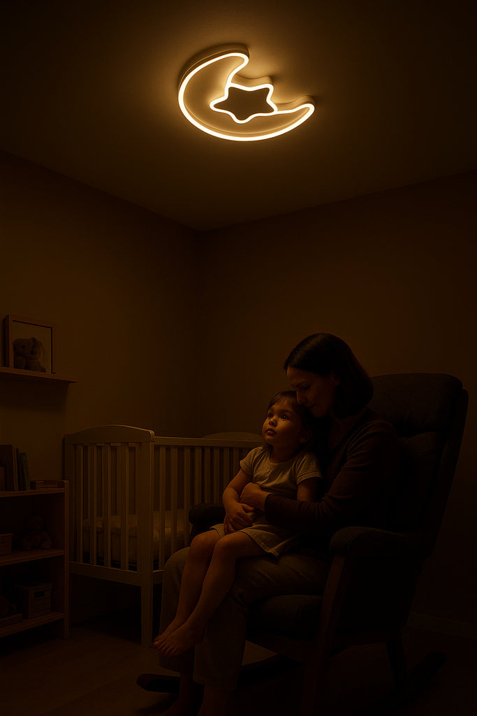 Lampa LED sufitowa plafon księżyc z gwiazdą w pokoju dziecięcym, oświetlająca matkę z dzieckiem ciepłym, ściemnialnym blaskiem do snu.