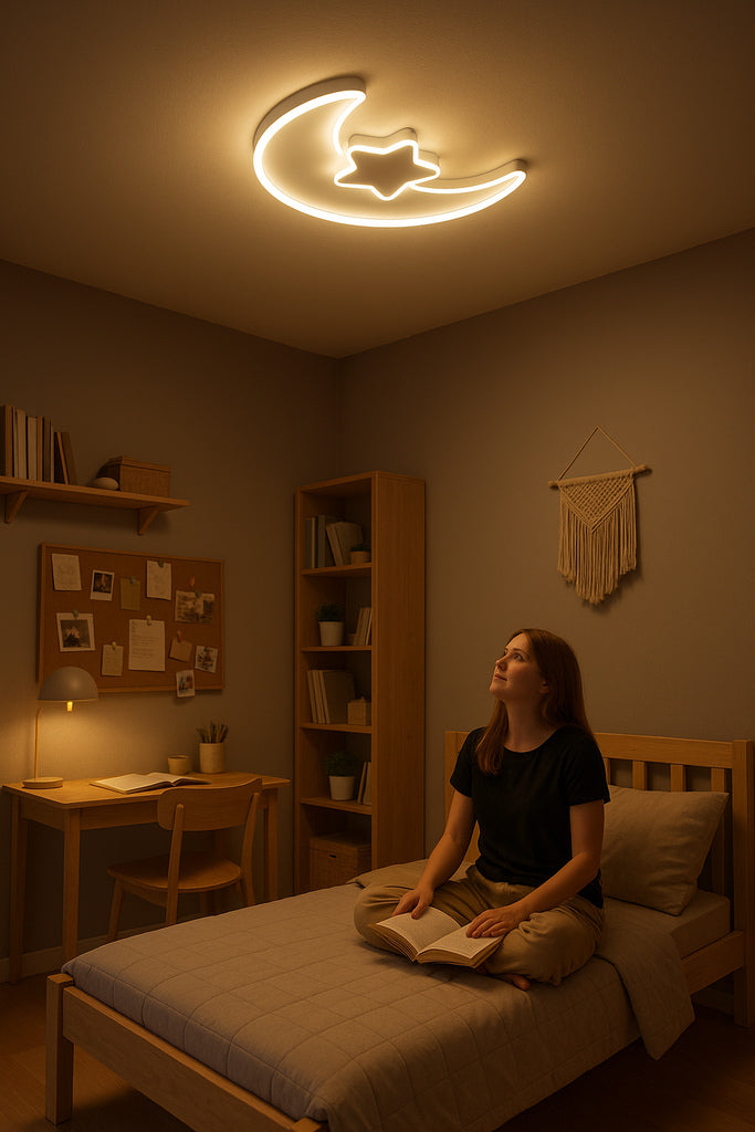Biała lampa LED sufitowa Księżyc z Gwiazdką w pokoju dziecięcym, tworząca ciepły, ściemniany blask i magiczny nastrój.
