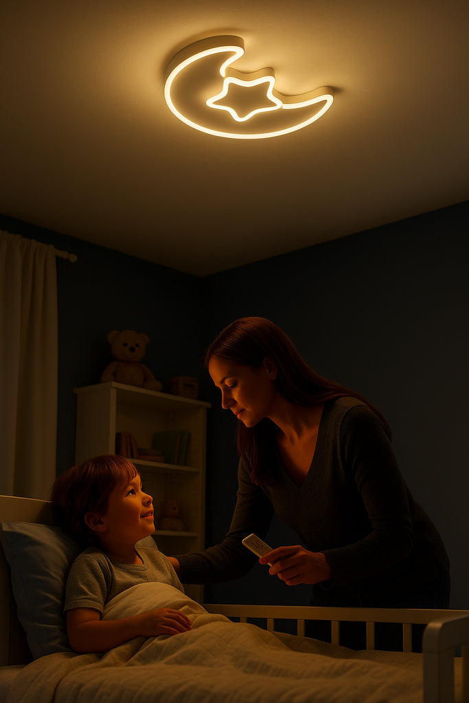 Lampa LED sufitowa Księżyc z gwiazdą w pokoju dziecięcym, tworząca ciepłą i magiczną atmosferę. Matka reguluje ściemniane światło pilotem, zapewniając komfort dziecku.