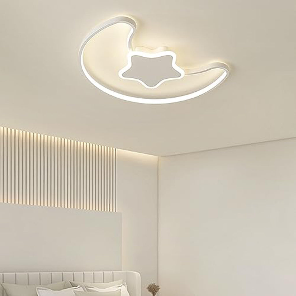 Biała lampa LED sufitowa plafon księżyc z gwiazdą, ściemniana pilotem, idealna do pokoju dziecięcego.