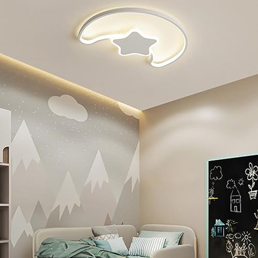 Biała lampa LED sufitowa plafon Księżyc z gwiazdą, ściemniana pilotem, zapewnia magiczny i bezpieczny blask w pokoju dziecięcym.