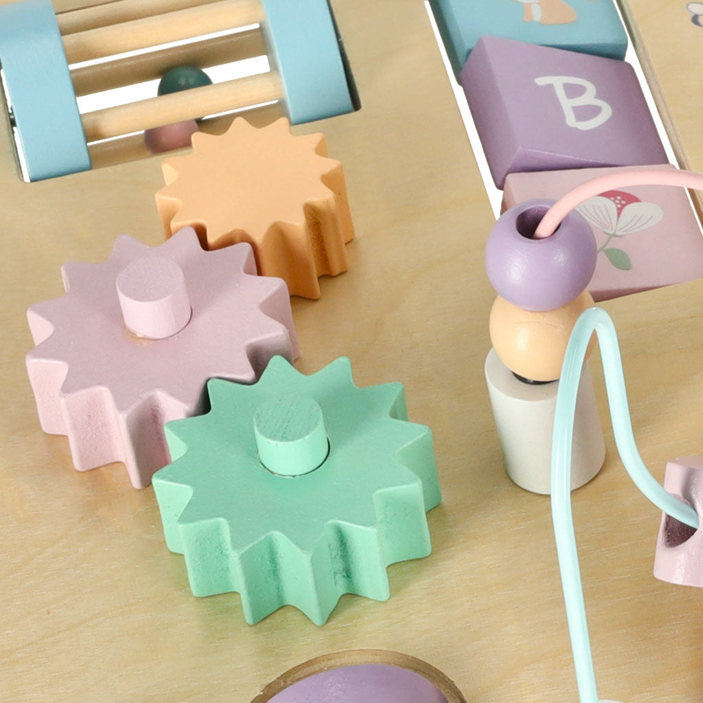 Tablica manipulacyjna LULILO LUDO stolik drewniany sensoryczny 2w1 różowy