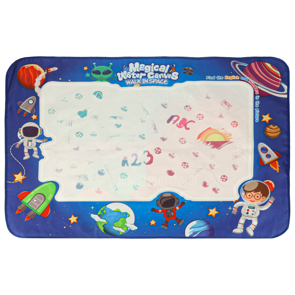 Mata wodna kosmos 120x90cm dla dzieci, z motywem astronautów i planet, idealna do bezbałaganowego rysowania i nauki alfabetu.