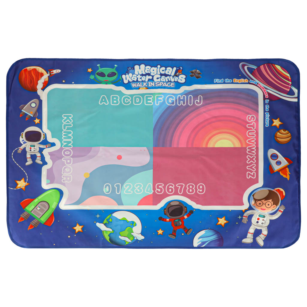 Mata wodna 120x90cm kosmos z motywem astronautów i planet, do bezbałaganowego malowania i nauki alfabetu oraz cyfr dla dzieci.