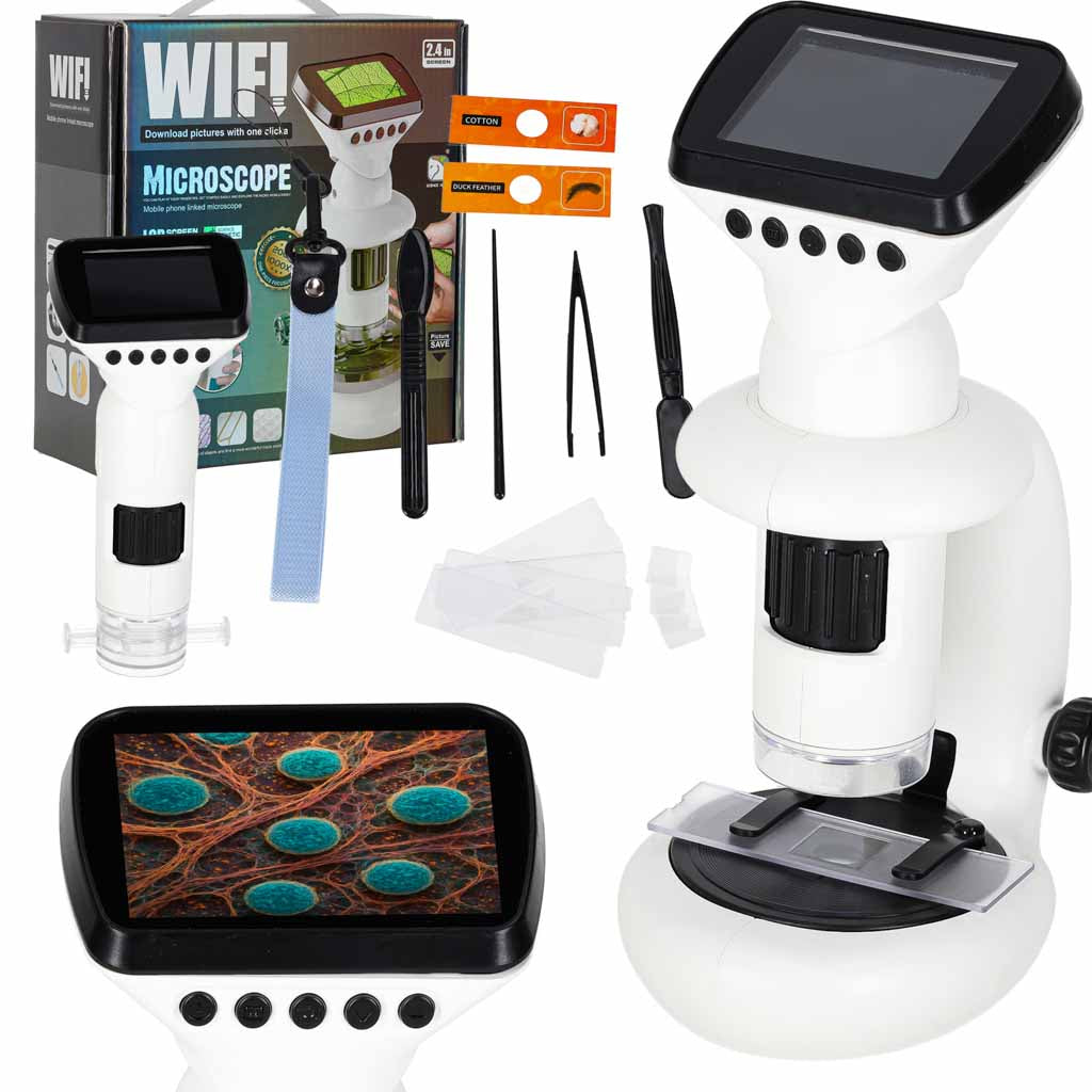 Zestaw: Mikroskop cyfrowy elektroniczny WiFi USB z ekranem LCD, powiększeniem 1000x, modelem przenośnym i kompletem akcesoriów do odkryć STEM.