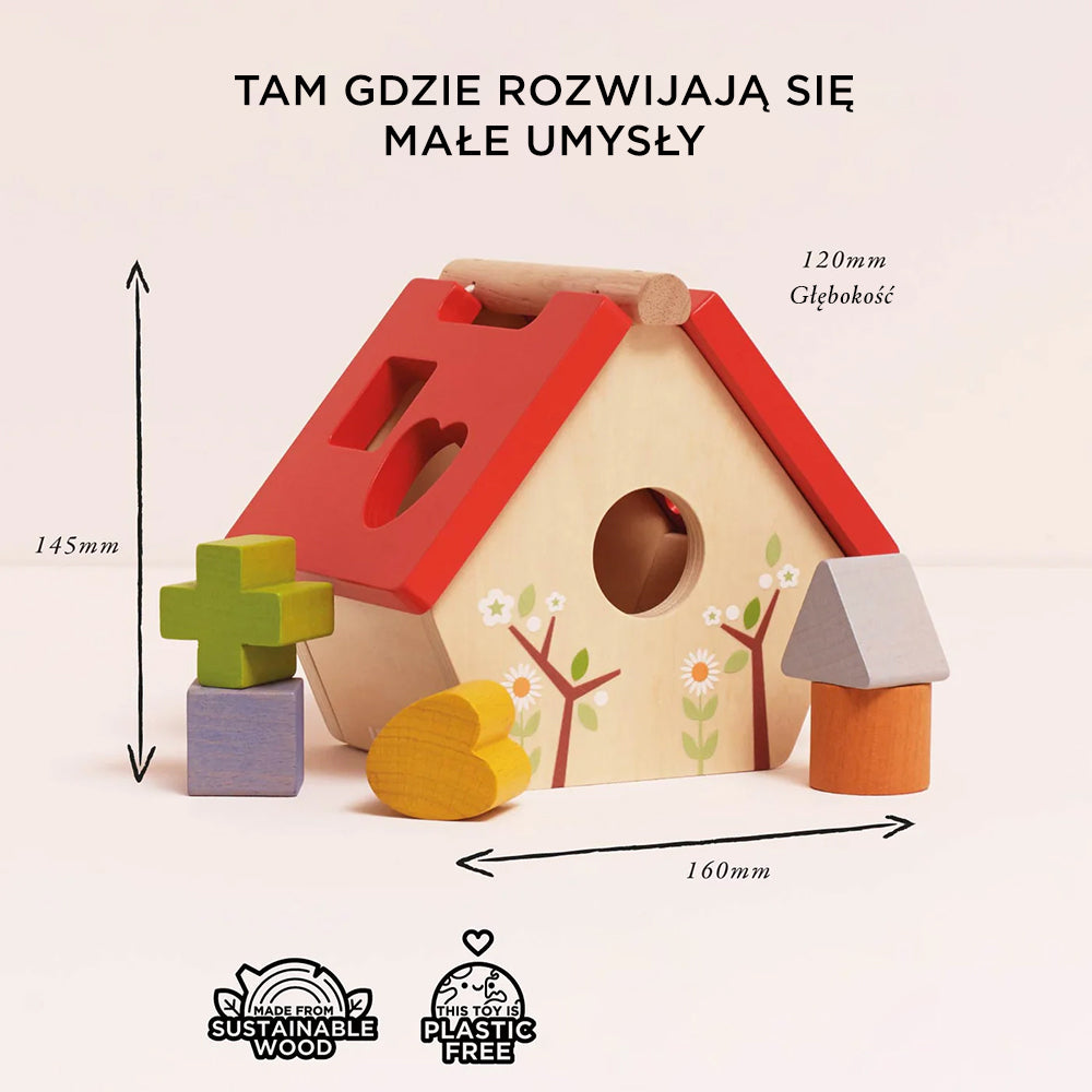Drewniany sorter kształtów domek dla ptaków z kolorowymi klockami. Edukacyjna zabawka rozwija motorykę malucha. Wykonany z ekologicznego drewna, bez plastiku. Wymiary: 145x160x120mm.