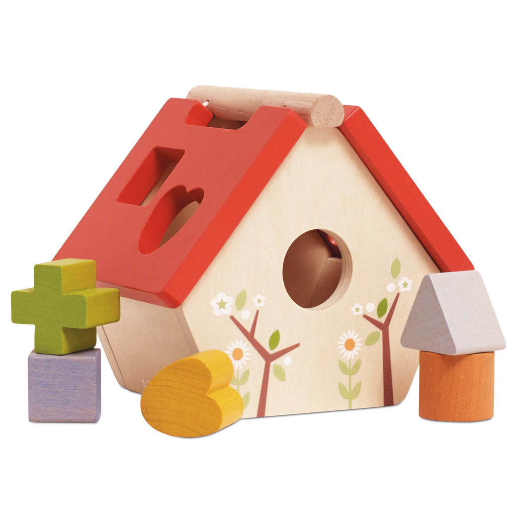 Drewniany sorter kształtów domek dla ptaków z kolorowymi klockami, edukacyjna zabawka dla malucha rozwijająca motorykę.