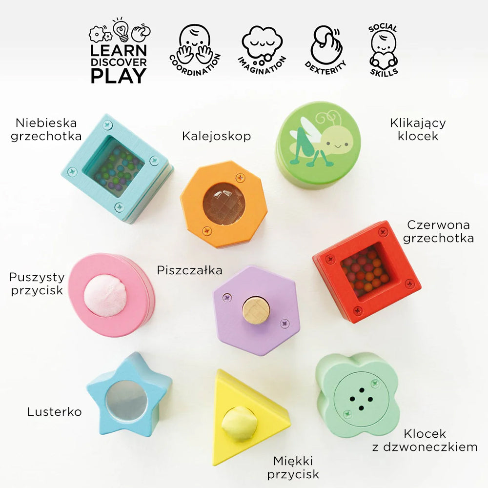 Drewniane klocki sorter zabawka sensoryczna edukacyjna. Prezentacja 9 klocków o unikalnych funkcjach: grzechotki, kalejdoskop, lusterko, piszczałka, rozwijających zmysły, motorykę i wyobraźnię malucha.