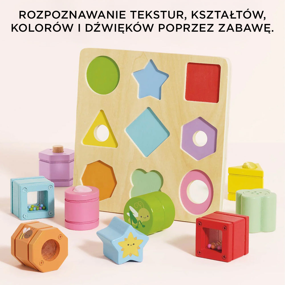 Drewniany sorter klocki sensoryczne i edukacyjne: żywe kolory, kształty, tekstury i dźwięki dla rozwoju malucha.