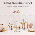 Kolekcja kolorowych drewnianych zabawek sensorycznych i edukacyjnych: sorter klocków, układanki, pchacz i gry. Idealne do rozwijania zręczności, wyobraźni i umiejętności motorycznych przez odkrywczą zabawę.