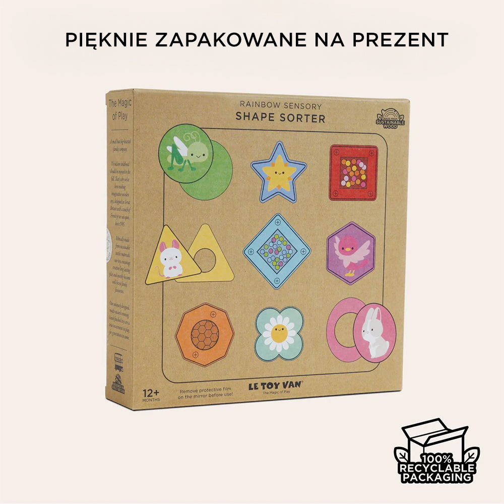 Drewniane klocki sorter sensoryczny Le Toy Van w pięknym, ekologicznym opakowaniu prezentowym z kolorowymi kształtami.