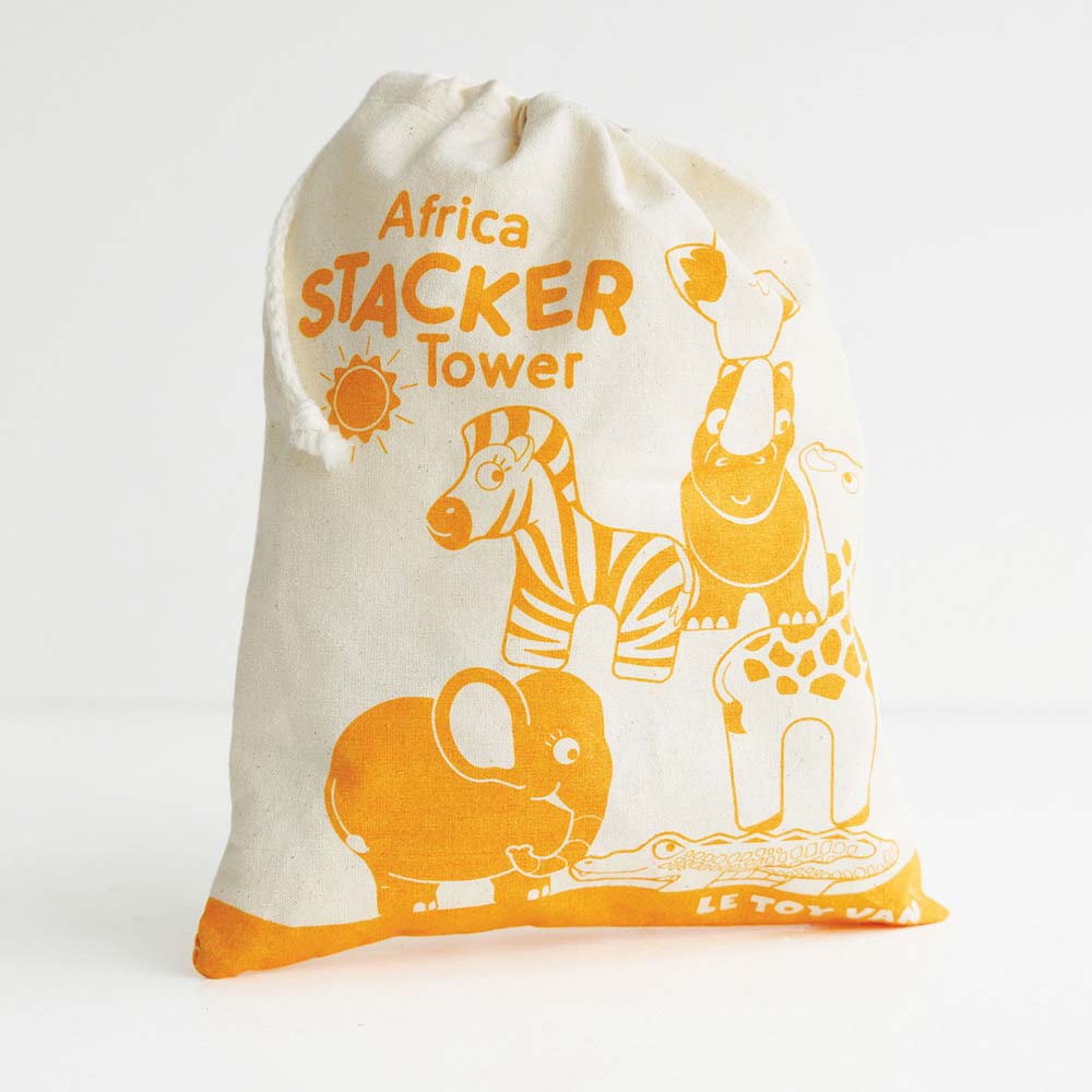 Bawełniany woreczek "Africa STACKER Tower" z nadrukiem afrykańskich zwierząt. Przenośna zabawka-układanka z drewnianymi figurkami dla dzieci.