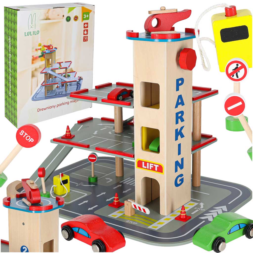Drewniany parking wielopoziomowy LULILO z windą, heliportem i autkami. Wciągająca zabawka dla dzieci, wspierająca rozwój i kreatywną zabawę.