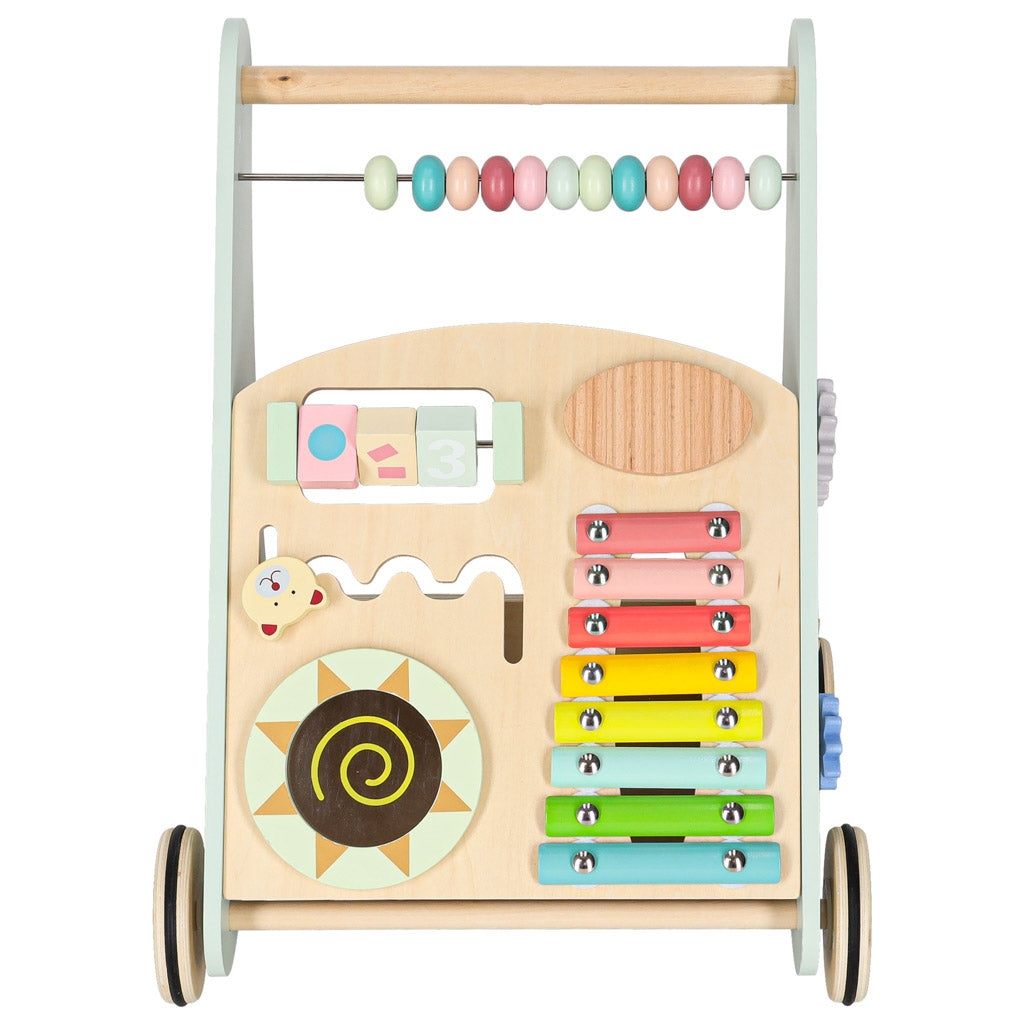 Pchacz dla dziecka chodzik drewniany z liczydłem niebieski