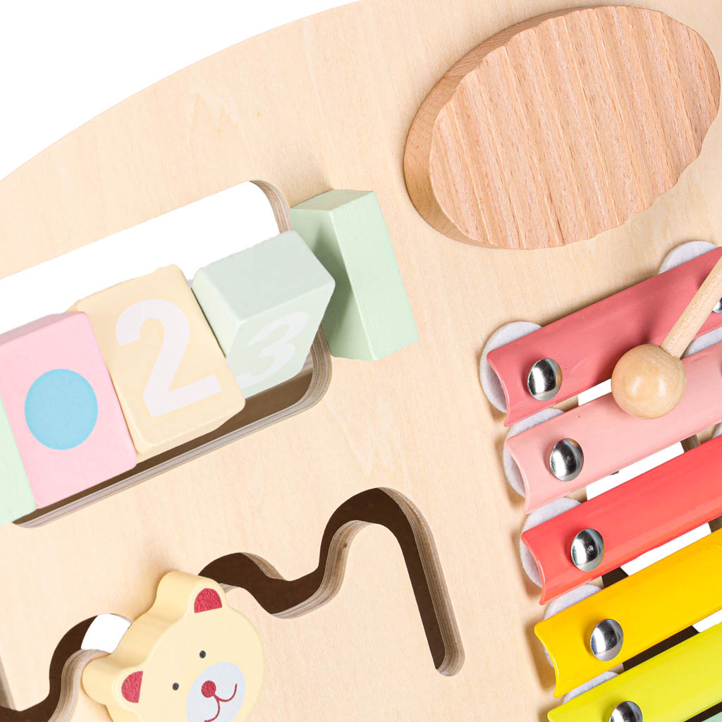 Pchacz dla dziecka chodzik drewniany z liczydłem niebieski