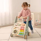 Pchacz dla dziecka chodzik drewniany z liczydłem niebieski