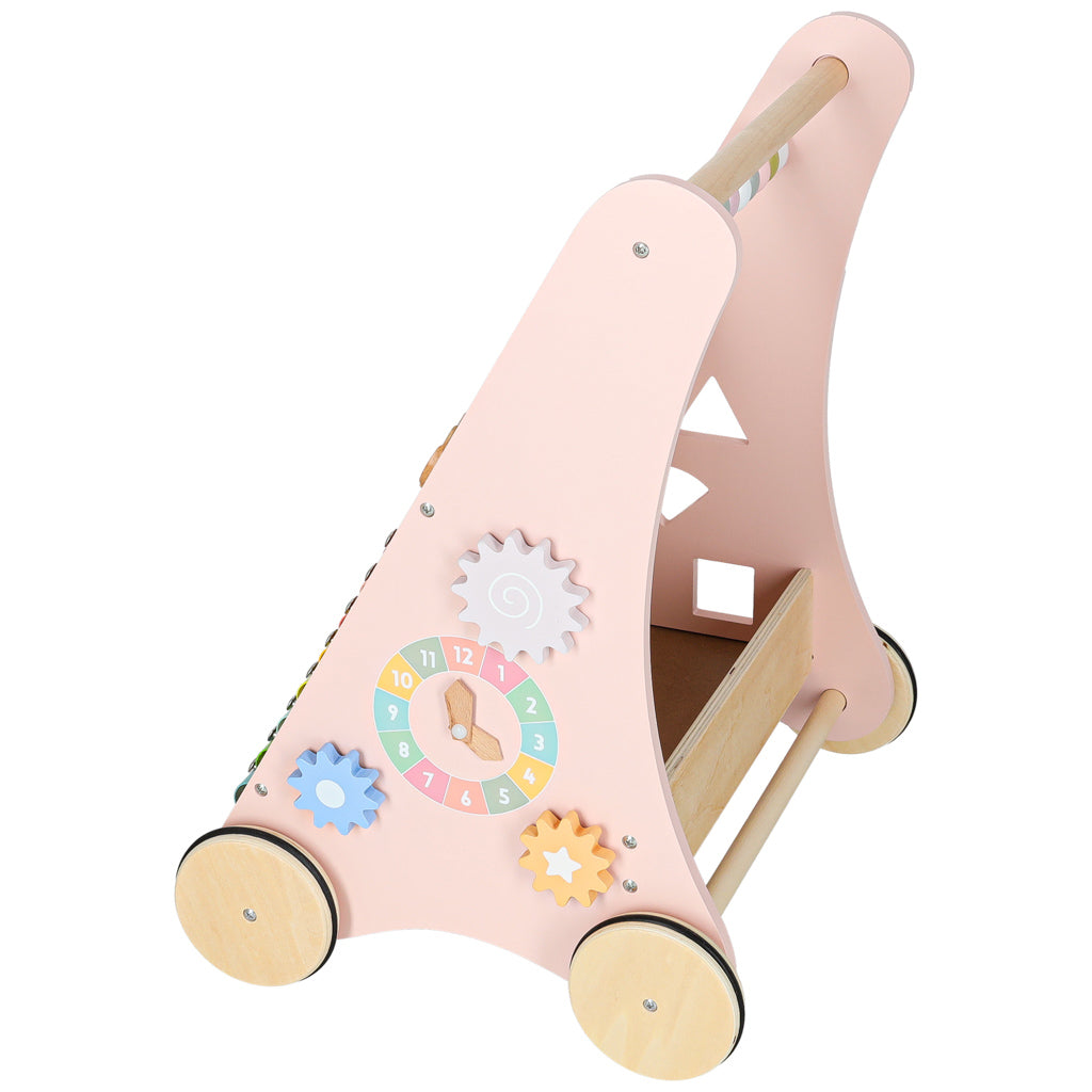 Pchacz dla dziecka chodzik drewniany z liczydłem różowy