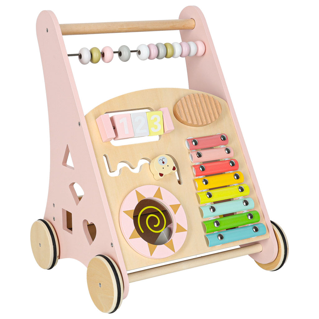 Pchacz dla dziecka chodzik drewniany z liczydłem różowy