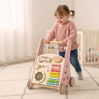 Pchacz dla dziecka chodzik drewniany z liczydłem różowy