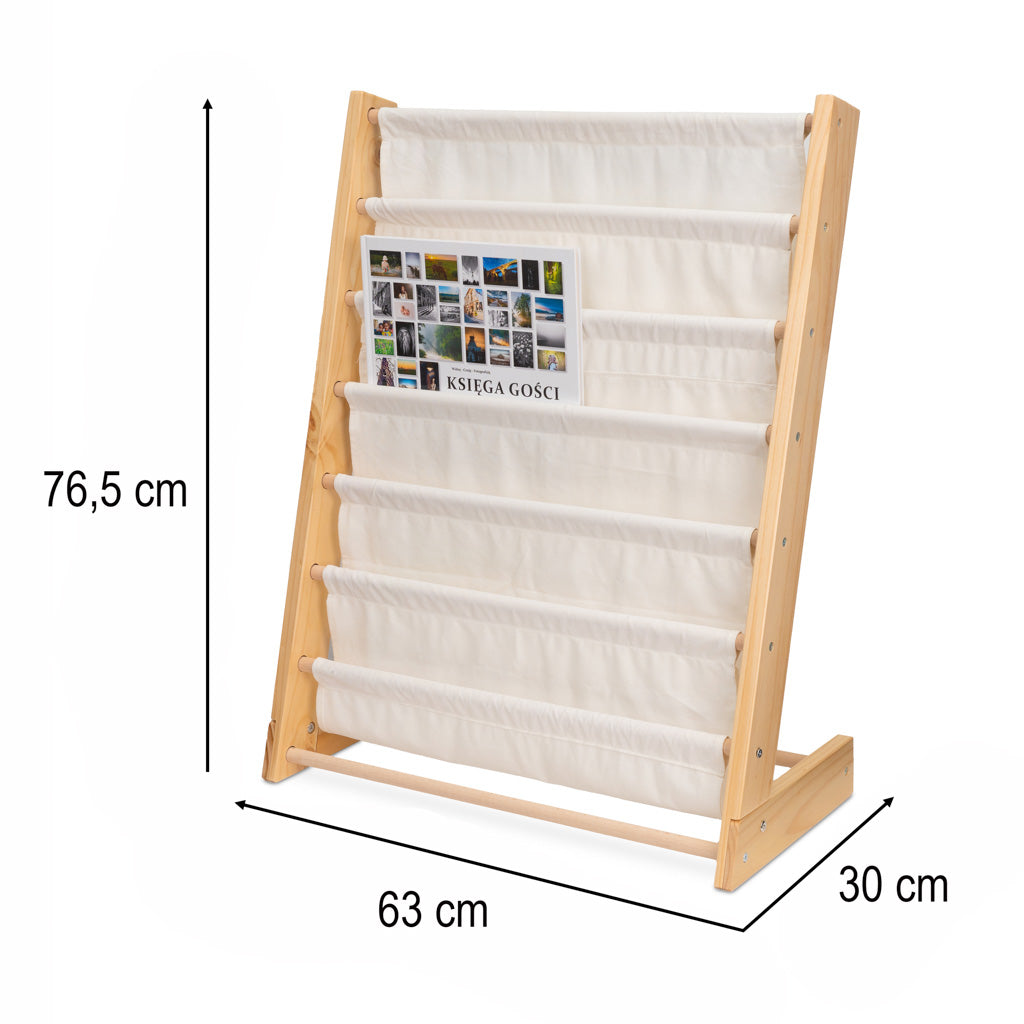 Regał na książki dla dzieci Montessori, drewniany stojak 76,5cm z 6 materiałowymi kieszeniami, wspierający samodzielny wybór i miłość do czytania.