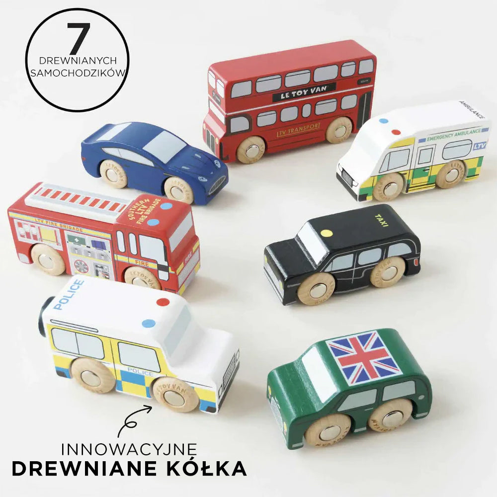 Zestaw 7 drewnianych samochodzików Le Toy Van z Londynu: czerwony piętrowy autobus, czarna taksówka, wóz strażacki, furgonetka policji, karetka pogotowia, mini i auto sportowe. Ekologiczne zabawki dla dzieci z drewna FSC z innowacyjnymi drewnianymi kołami.