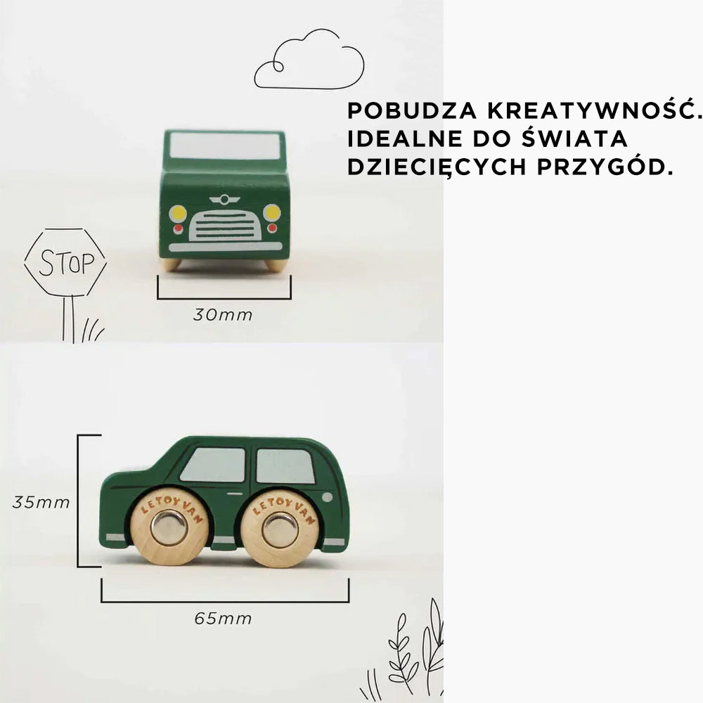 Zielony drewniany samochodzik zabawka Le Toy Van, wymiary 65x35x30mm. Element zestawu Drewniane Samochody Londyn, wykonany z drewna FSC®, dla kreatywnych dzieci.