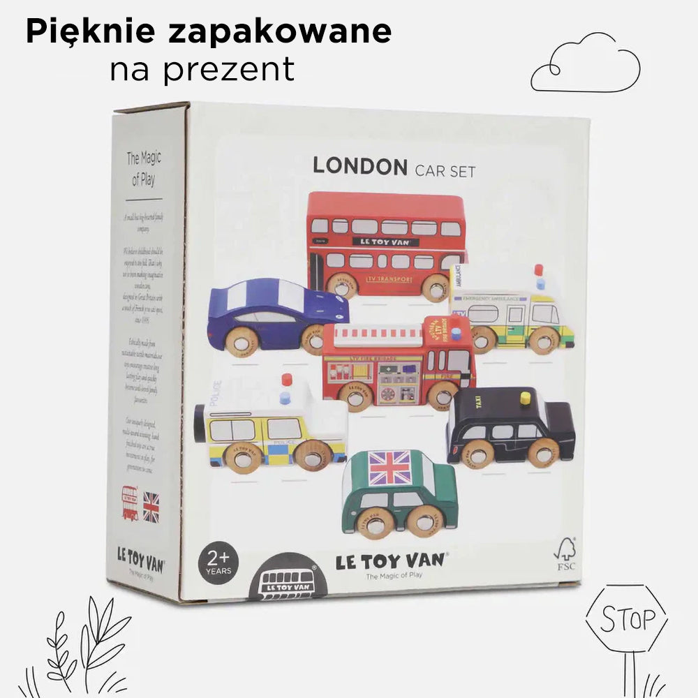 Pięknie zapakowany zestaw drewnianych pojazdów Londyn Le Toy Van: czerwony autobus piętrowy, czarna taksówka, wóz strażacki, policja, karetka pogotowia. Ekologiczna zabawka z drewna FSC dla dzieci 2+, idealna na prezent.