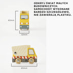 Drewniane pojazdy budowlane dla dzieci – detale i wymiary wywrotki oraz kabiny (np. koparki, ładowarki), wykonane bez plastiku. Wymiary: kabina 65x32mm, wywrotka 85mm długości.
