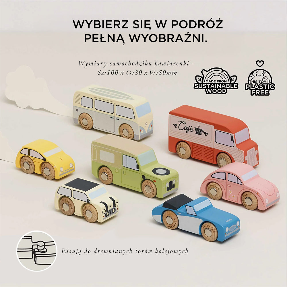 Drewniany zestaw 7 klasycznych aut vintage w pastelowych kolorach: autobus, jeep, auto kawiarnia i inne. Ekologiczna zabawka dla dzieci (FSC, bez plastiku), rozwijająca wyobraźnię i kompatybilna z drewnianymi torami.