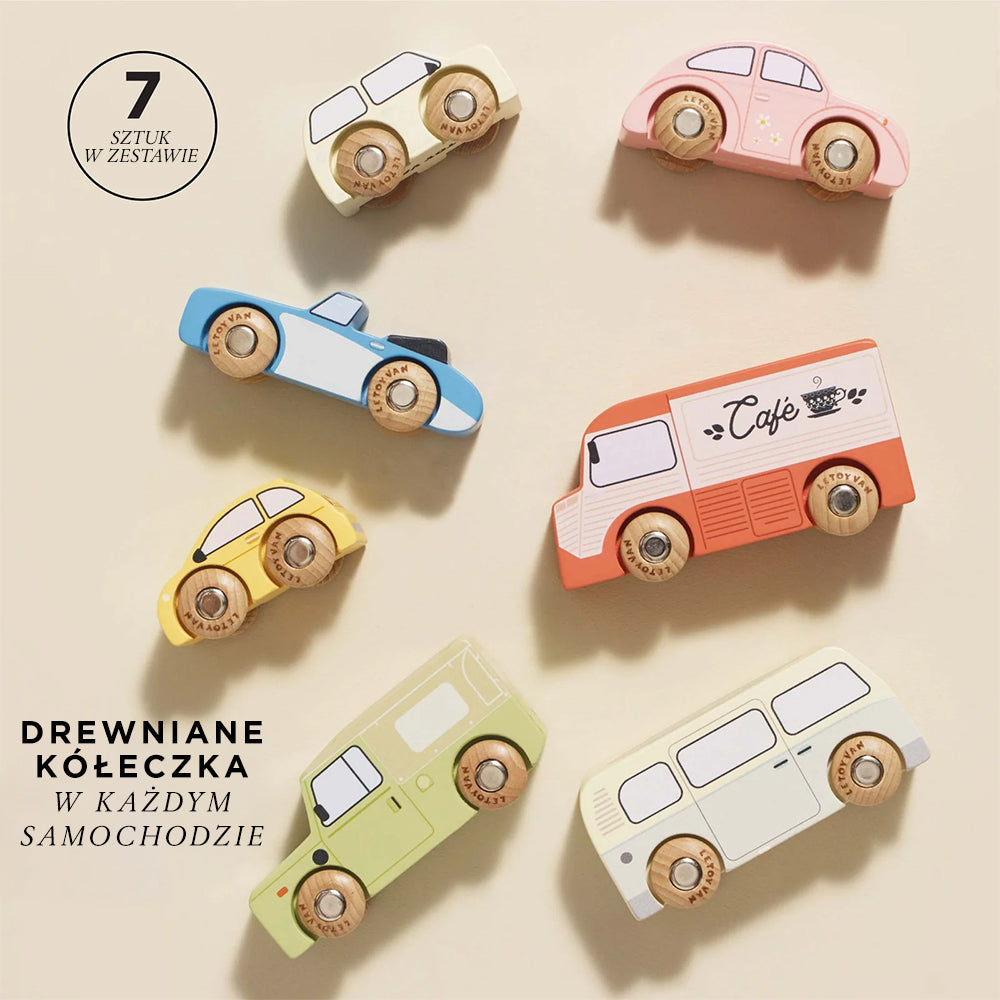 Zestaw 7 drewnianych samochodów vintage w pastelowych kolorach, klasyczne zabawki dla dzieci.
