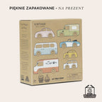 Eleganckie, ekologiczne opakowanie prezentowe zestawu 7 drewnianych, klasycznych samochodów vintage Le Toy Van w pastelowych barwach, idealne dla dzieci.