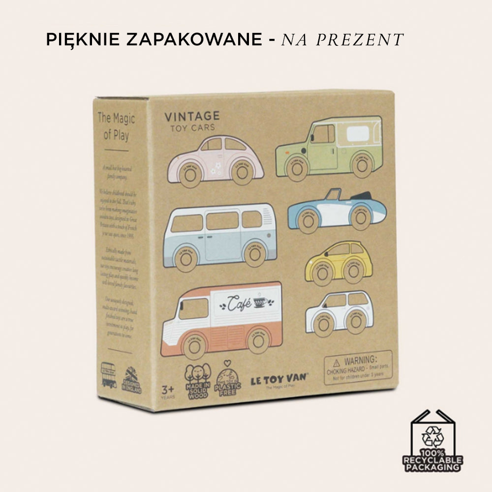 Eleganckie, ekologiczne opakowanie prezentowe zestawu 7 drewnianych, klasycznych samochodów vintage Le Toy Van w pastelowych barwach, idealne dla dzieci.