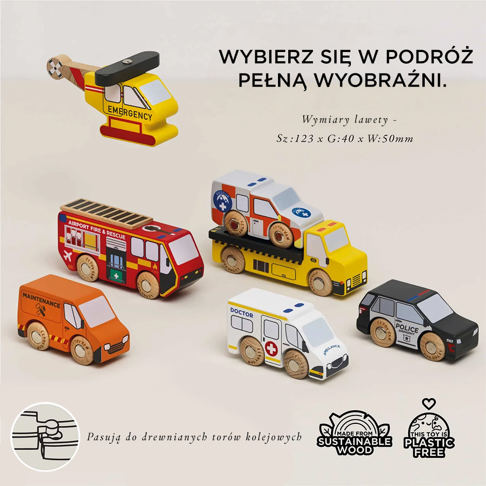 Kolorowy zestaw 7 drewnianych pojazdów służb ratunkowych dla dzieci: helikopter, wóz strażacki, ambulans, samochód policyjny, pomoc drogowa, laweta i karetka górskiego pogotowia ratunkowego. Zabawki z certyfikowanego drewna FSC®, wyposażone w płynnie jeżdżące drewniane kółka, gwarantujące kreatywną i rozwijającą zabawę.