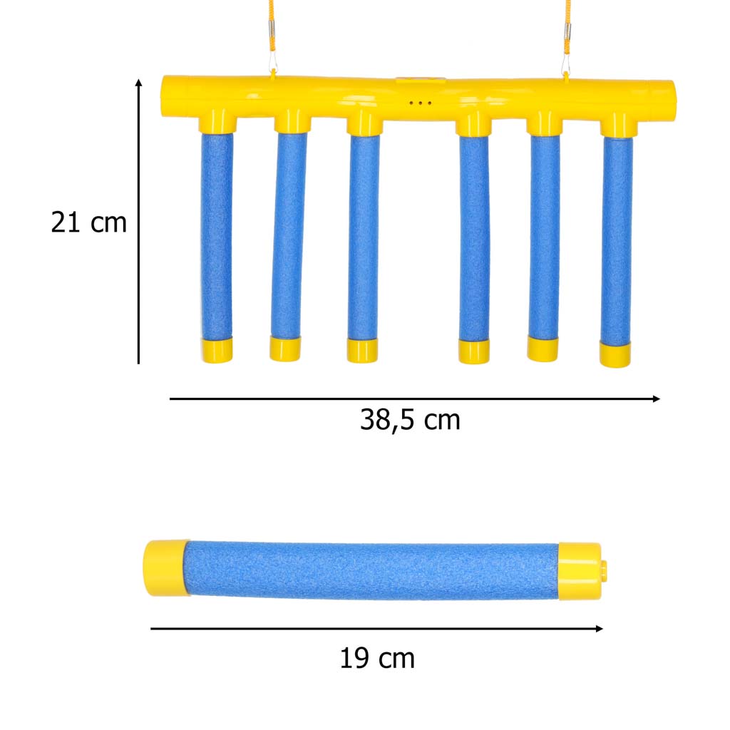 Wymiary elektronicznej gry zręcznościowej Spadające Pałeczki: główny moduł z 6 patyczkami (38.5x21 cm) oraz pojedynczy patyczek (19 cm). Rozwijająca refleks i koordynację dla całej rodziny.
