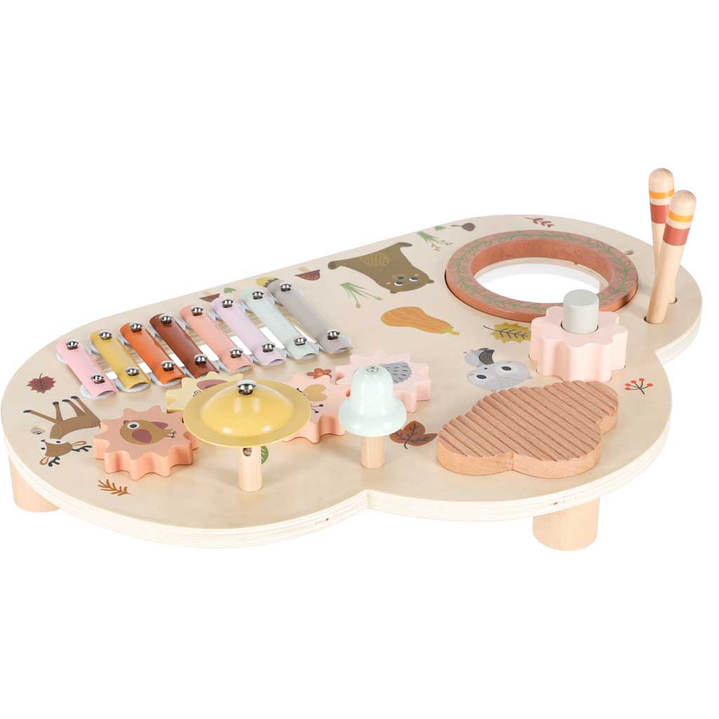 Stolik edukacyjny drewniany tablica muzyczna cymbałki talerze