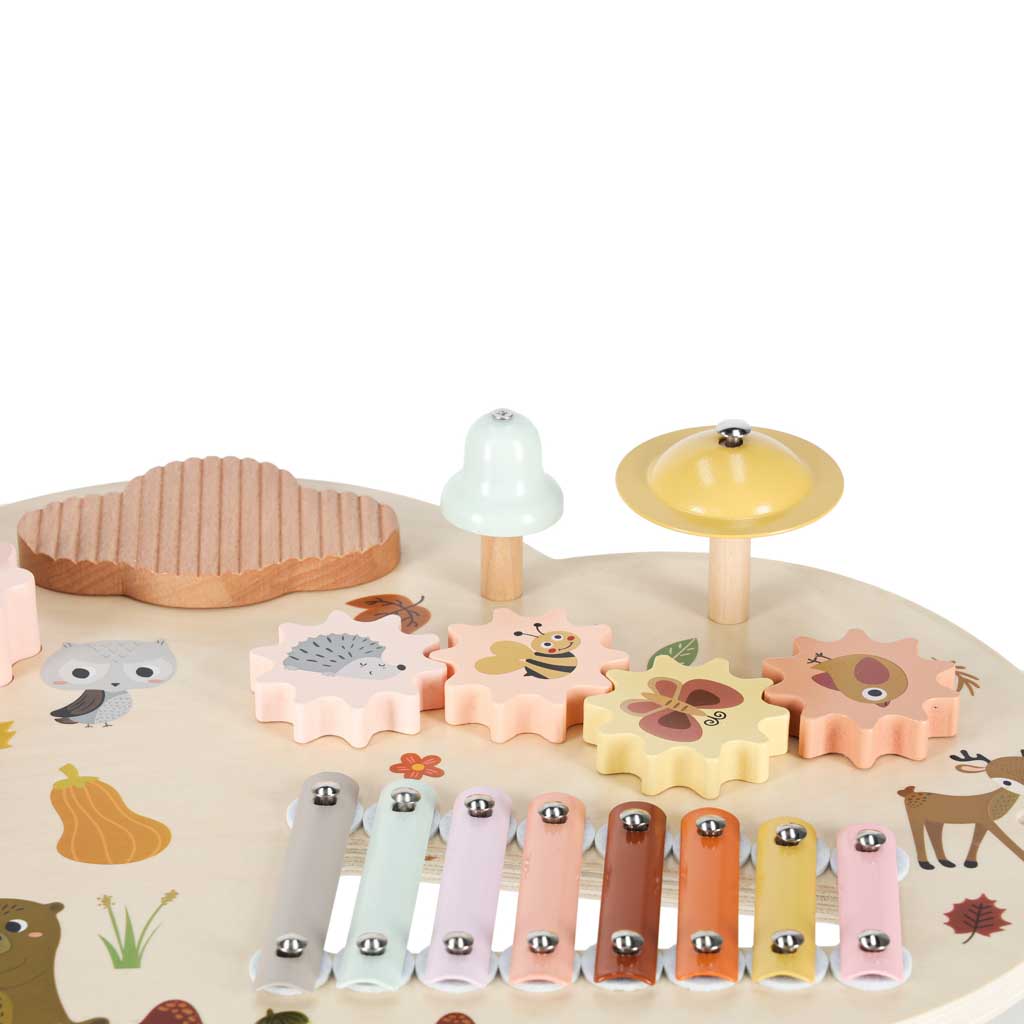 Stolik edukacyjny drewniany tablica muzyczna cymbałki talerze