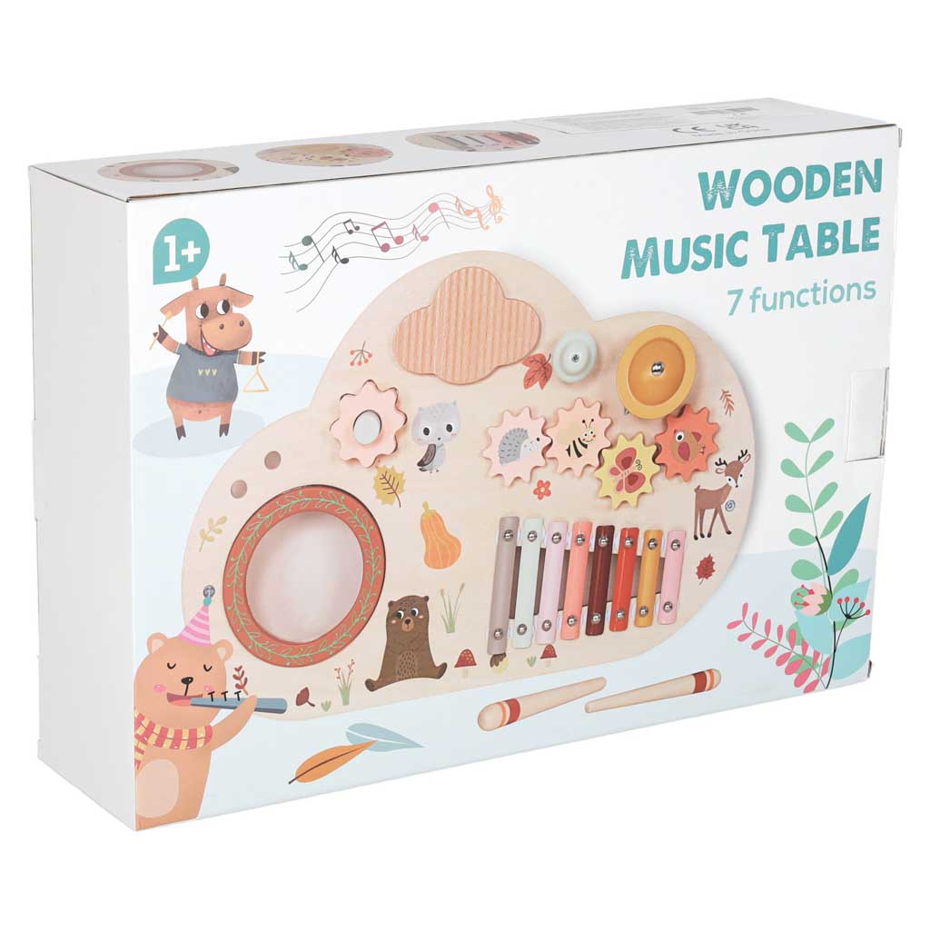 Stolik edukacyjny drewniany tablica muzyczna cymbałki talerze