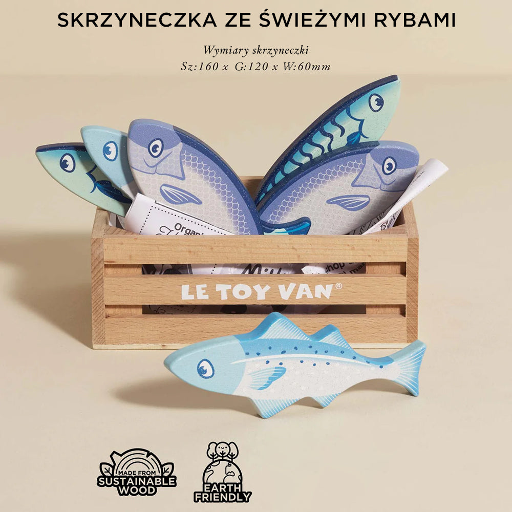 Drewniana zabawka Le Toy Van: skrzynka z kolorowymi rybami do zabawy w sklep lub gotowanie. Ekologiczne, zrównoważone drewno, rozwija motorykę, uczy zdrowego jedzenia.