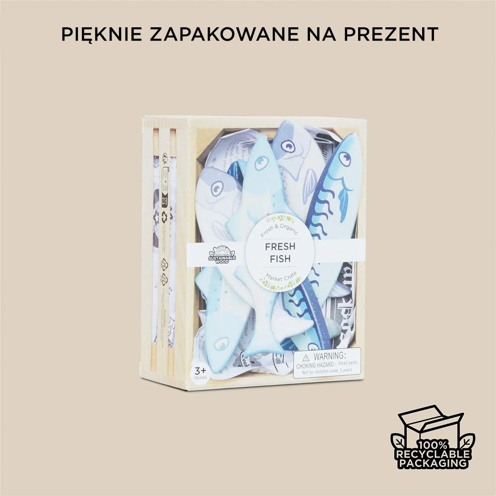 Drewniane ryby w skrzynce, pięknie zapakowane na prezent. Idealna ekologiczna zabawka do zabawy w sklep lub stragan.