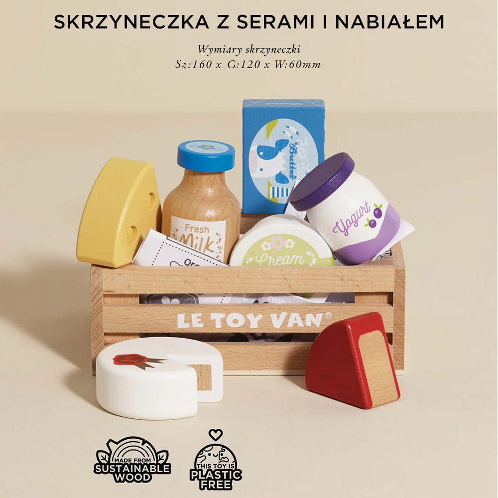 Drewniany nabiał w skrzynce Le Toy Van: realistyczne sery, jogurt, masło i mleko do zabawy w sklep i gotowanie.