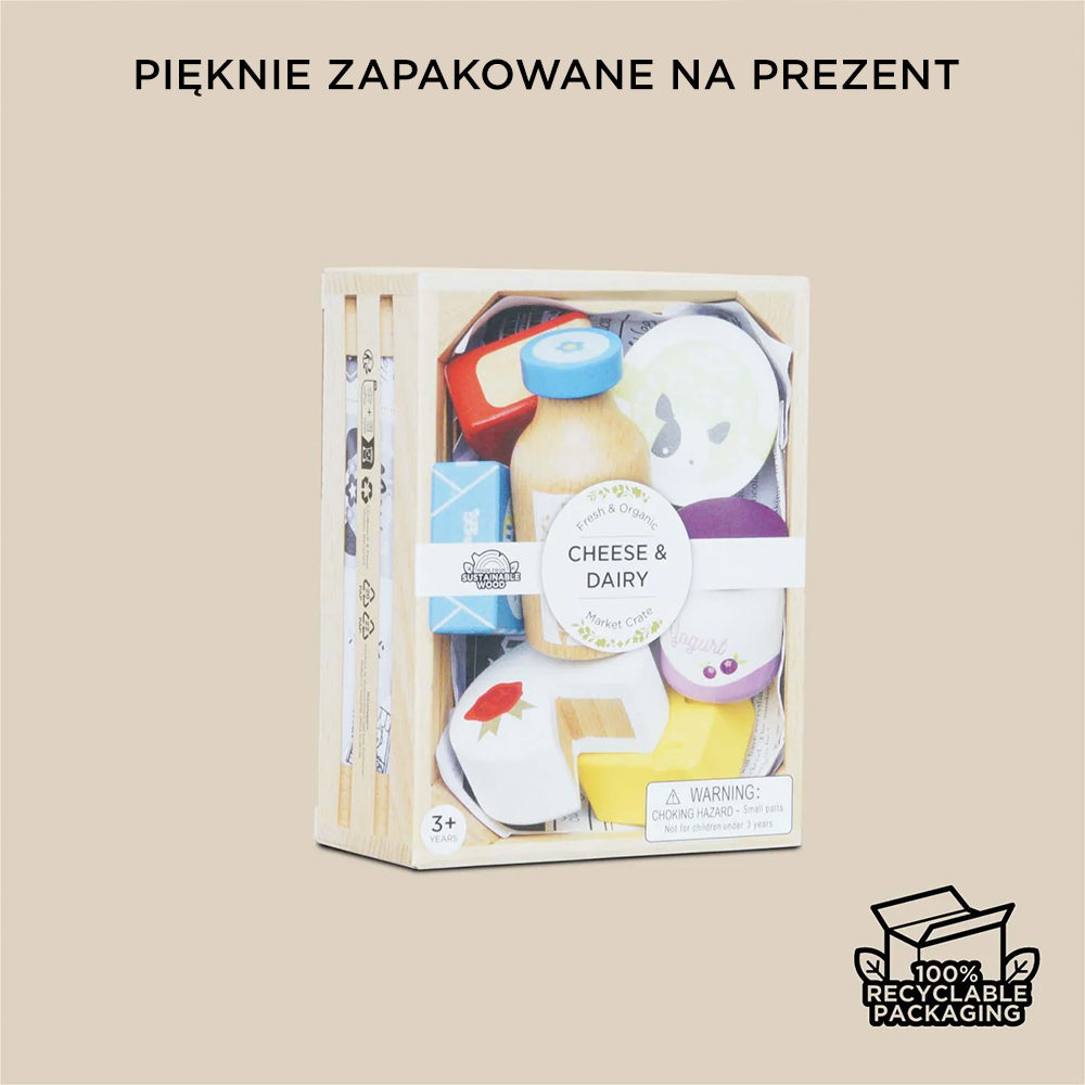 Drewniany nabiał w skrzynce: realistyczny zestaw zabawek do zabawy w sklep. Edukacyjny prezent, pięknie zapakowany.